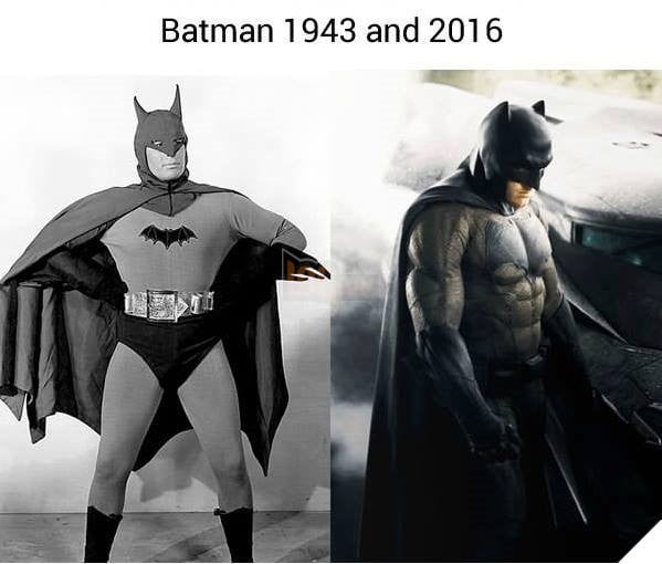 
Batman năm 1943 trông khá buồn cười với bộ trang phục bằng vải trơn bởi kĩ xảo thời đó tương đối kém. Tuy nhiên, ngày nay thì Batman không chỉ có bộ đồ bó khoe cơ bắp mà còn được hỗ trợ hàng loạt máy móc trang thiết bị khác cho bộ đồ của mình nữa nhé.
