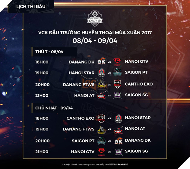 Lịch thi đấu VCK Đấu Trường Huyền Thoại Mùa Xuân 2017 Tuần 1 2