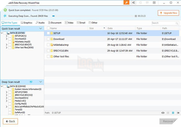 Khi quá trình quét hoàn thành Easeus Data Recovery Wizard sẽ hiển thị một danh sách các tập tin được tìm thấy và cho người dùng xem thông tin chi tiết của từng tập tin. Giao diện kết quả quét sẽ được chia làm 3 phần. Ở phía bên trái là danh sách Directory Tree - cung cấp cho bạn 3 phương pháp (theo Path, Type và Time) để nhanh chóng lọc file.