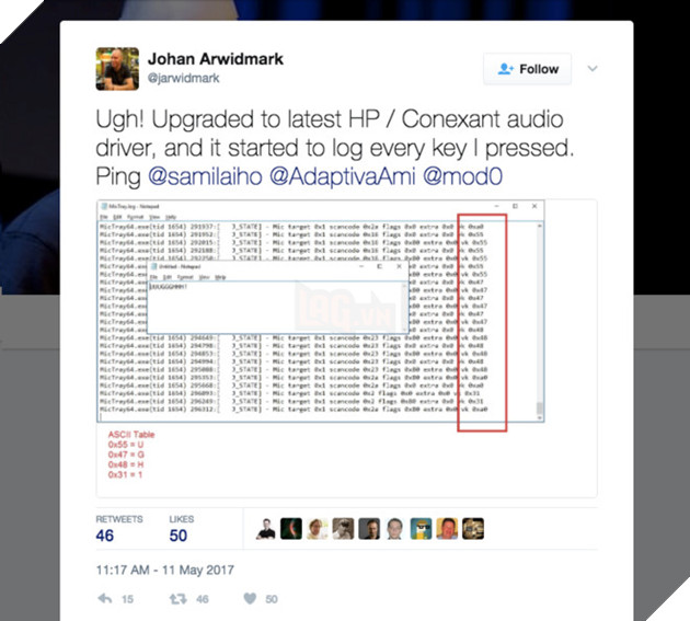 Các phím bấm được lưu trong tệp nhật kí với mã thập lục phân. Ảnh: Zdnet