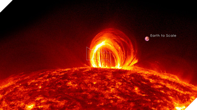 
Vỏng lửa trên bề mặt Mặt Trời, quả bóng tròn nhỏ bên cạnh kia chính là Trái Đất của chúng ta.
