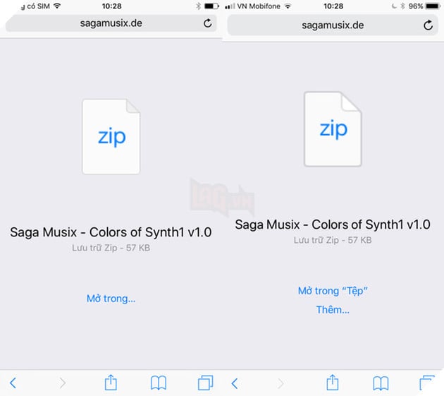 
Ứng dụng File trên iOS 11 (phải) cho phép người dùng tải về tập tin.

