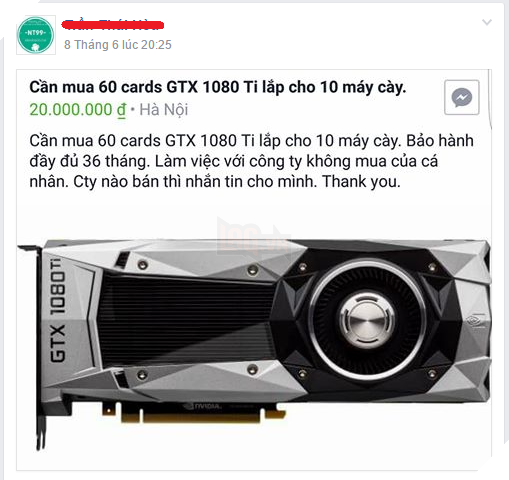 Sốc với chàng trai Việt bỏ tiền tỷ để mua một lúc 60 chiếc GTX 1080 Ti