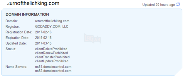 
Tên miền returnofthelichking.com bất ngờ được đăng ký bởi Blizzard từ tháng 02/2017 vừa qua
