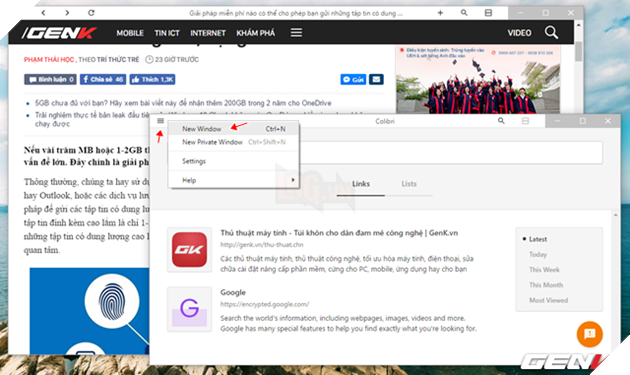 
Mặc dù không hỗ trợ tab nhưng Colibri Browser cũng cho phép người dùng truy cập nhiều địa chỉ khác nhau nhưng ở cửa sổ duyệt riêng biệt, thông qua lựa chọn “New Windows”.

