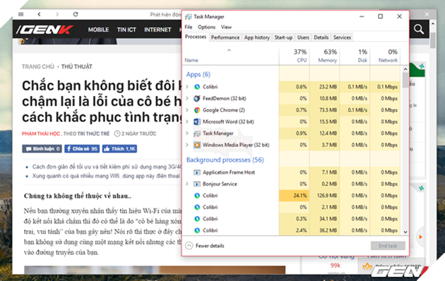 
Mặc dù đơn giản, gọn và chỉ duy nhất 1 tab nhưng Colibri Browser cũng ngốn RAM kha khá. Tuy nhiên, hiện tại phiên bản dành cho Windows này vẫn còn ở giai đoạn BETA nên lỗi này hi vọng sẽ sớm được khắc phục ở bản chính thức.
