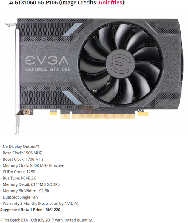 Có thể thấy EVGA đã công bố sản phẩm GTX 1060 6GB P106 với thông tin như hình.