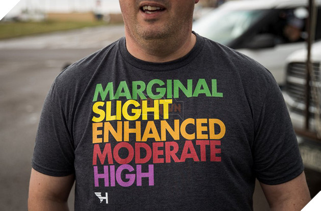 
Paul Botten, người mang nhiệt huyết của những lần săn bão của mình tại Anh tới Hoa Kỳ, đang mặc chiếc áo phông thể hiện sự khắc nghiệt của nghề này.
