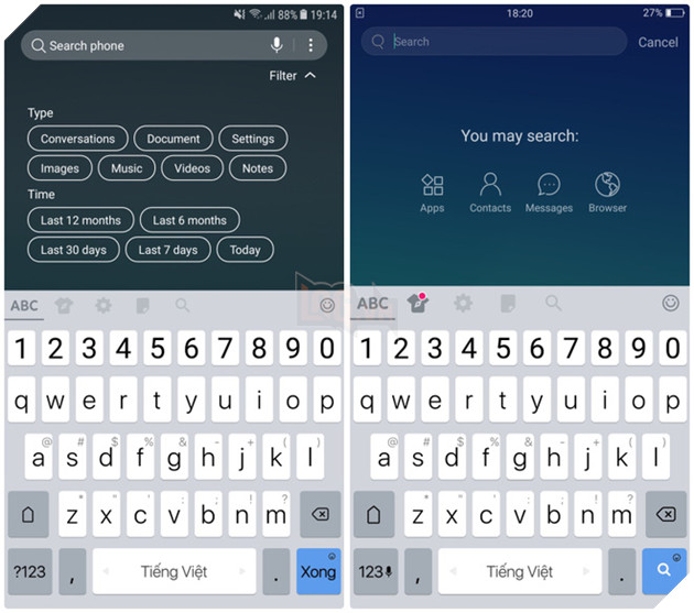 
Tính năng tìm kiếm từ màn hình chủ của OPPO F3 dễ dàng, nhanh chóng hơn chỉ với 1 thao tác vuốt xuống, còn J7 Pro yêu cầu người dùng phải truy cập vào danh sách ứng dụng rồi bấm Tìm kiếm thì mới bắt đầu được gõ từ khóa.
