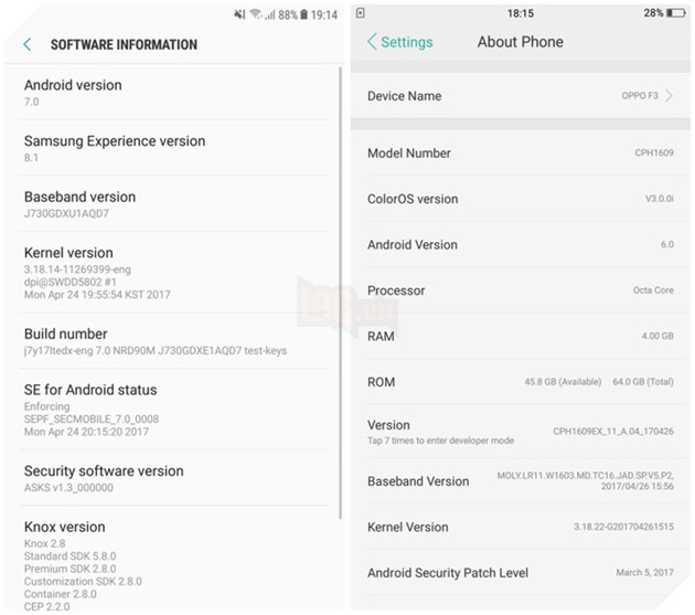 
Galaxy J7 Pro chạy sẵn Android 7.0, trong khi OPPO F3 thì chỉ là Android 6.0
