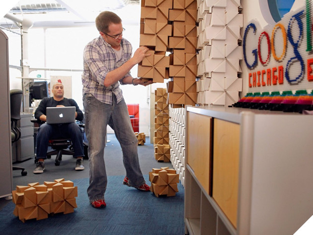Or, employees can build with blocks that are stuck right to the wall.