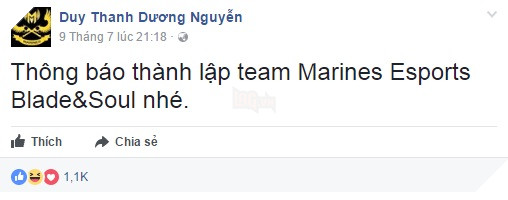 
Thông báo thành lập team Marines Esports Blade & Soul của huấn luyện viên Tinikun
