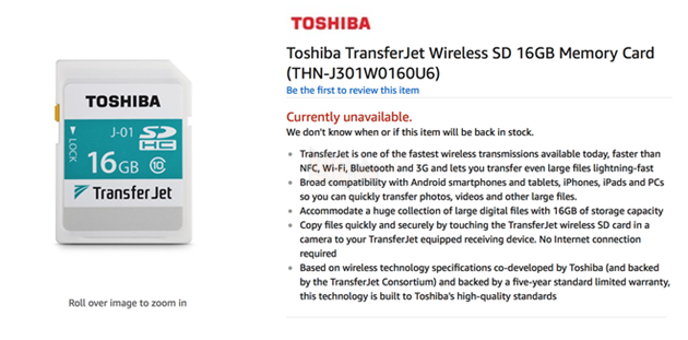 
Thẻ nhớ SD hỗ trợ TransferJet luôn ở tình trạng không có hàng
