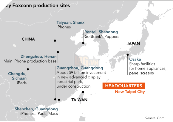 
Những cơ sở sản xuất của Foxconn trên khắp đất Trung Quốc.
