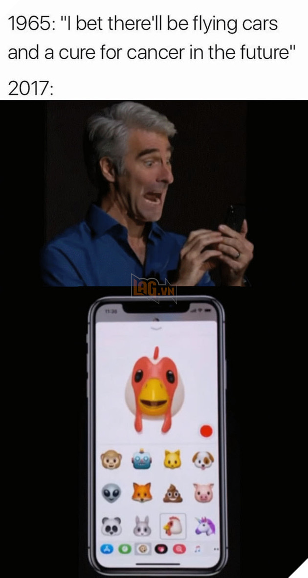 
Năm 1965: Tôi cược rằng chúng ta sẽ có những chiếc ô tô bay và thuốc chữa bệnh ung thư trong tương lai.

Năm 2017:
