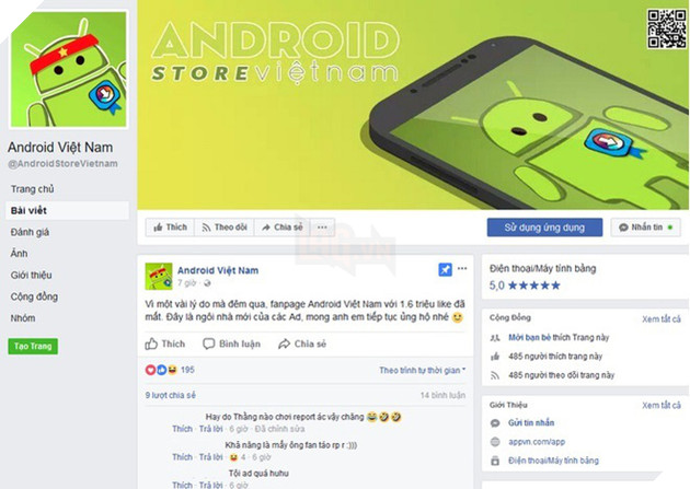 
Đây được coi là fanpage mới do các Admin cũa của Android Việt Nam vừa bị đánh sập lập nên, chỉ có vỏn vẹn trên dưới 500 like
