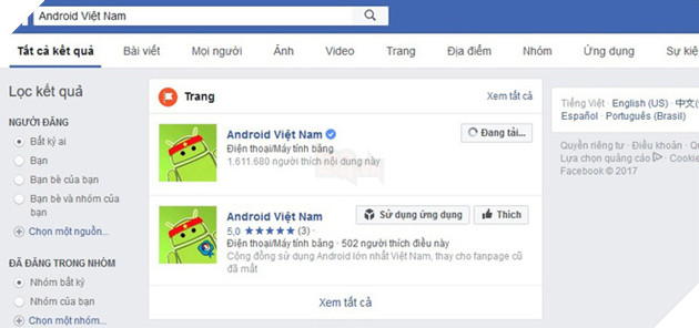 
Khi tìm kiếm trên facebook, fanpage của Android Việt Nam vẫn hiện lên với trên 1,6 triệu like và dấu tích xanh
