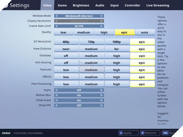 
Ở góc trên cùng bên phải, các bạn có thể tìm thấy mục Settings, nơi người chơi sẽ tùy chỉnh các yếu tố trong game để phù hợp với PC khác nhau. Vì cấu hình đòi hỏi của FBR không quá cao (thua PUBG rất nhiều) nên các bạn hoàn toàn có thể cái đặt max cấu hình với những máy khỏe.
