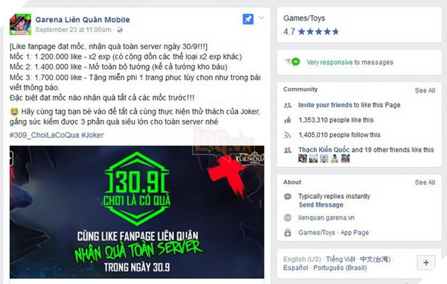 Liên Quân Mobile: Sự kiện Chung tay Like mạnh và cùng nhau nhận quà vào 30/09 sắp tới 3