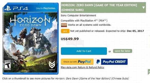 Horizon: Zero Dawn hé lộ bản Game of the Year trên Play Asia