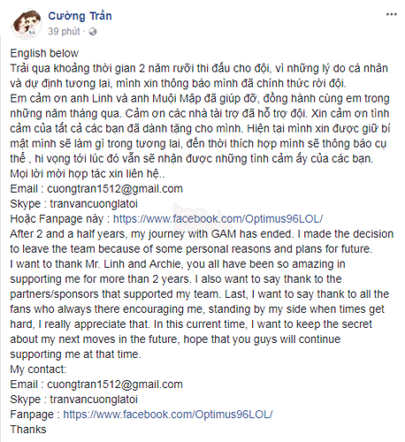 LMHT: Tuyển thủ Trần Văn Cường - Optimus chia tay đội tuyển GAM 3