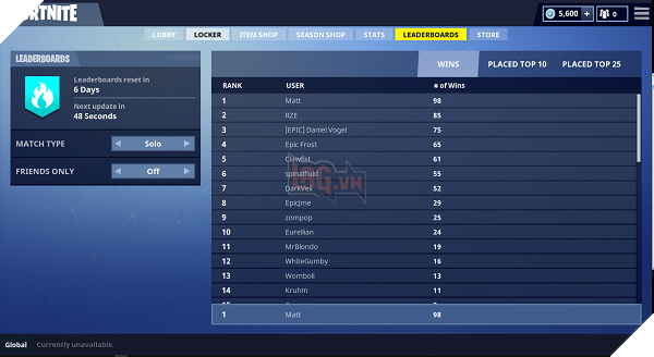 Bảng xếp hạng đã chính thức xuất hiện trong Fortnite​