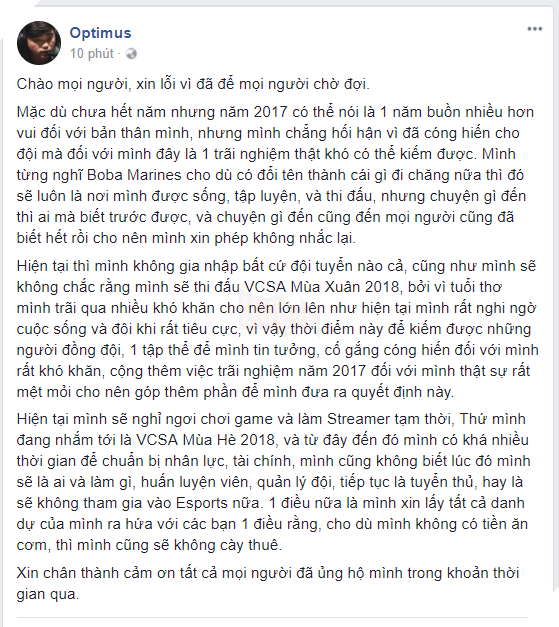 CHÍNH THỨC: Optimus công bố số phận tiếp theo của mình Không tham gia bất cứ 1 đội nào ở Việt Nam 3