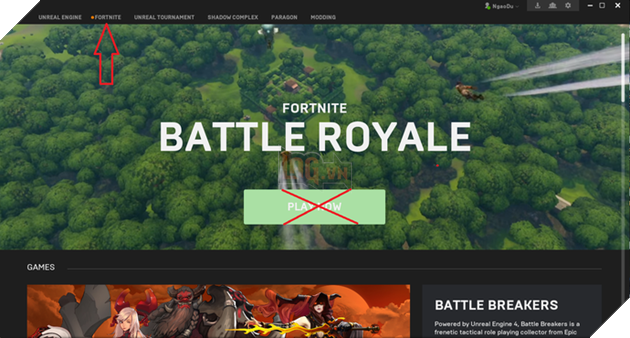
Sau khi đăng nhập vào ứng dụng của Epic Game, bạn sẽ thấy ngay quảng cáo của Battle Royale. Tuy nhiên, đừng ấn vào Play Now (vì server chưa mở cửa nên click vào đấy sẽ bị lỗi). Để tải game, bạn hãy chọn Fortnite ở góc trên bên trái.
