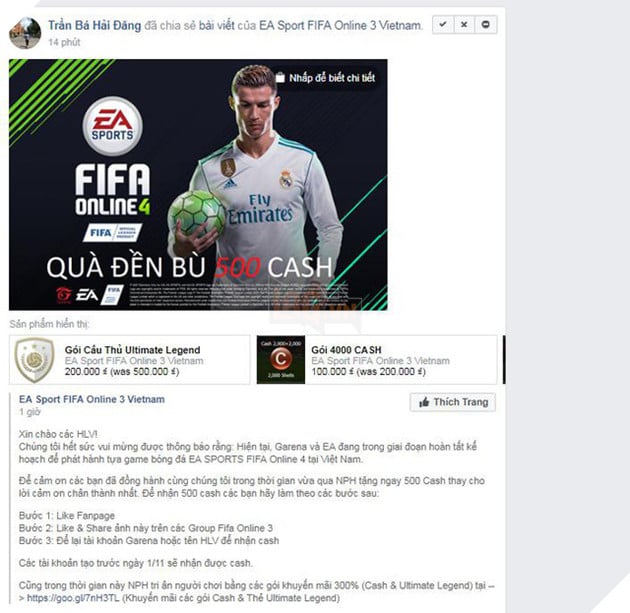CẢNH BÁO: Quà đền bù 500 Cash khi FIFA Online 4 ra mắt là chiêu trò lừa đảo