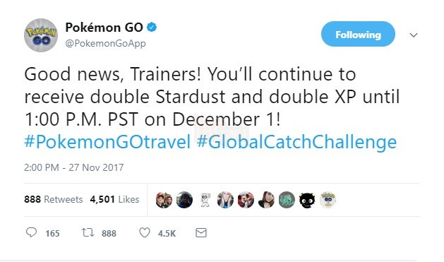 Thông tin về việc Pokemon GO kéo dài thời gian nhân đôi kinh nghiệm và bụi sao