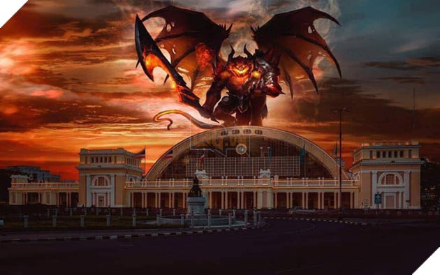 Quỷ Vương Maloch với vẻ ngoài chết chóc, đáp xuống đỉnh tòa nhà trong buổi hoàng hôn rực rỡ.