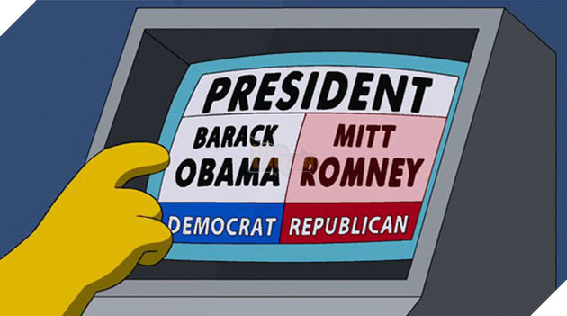 
Trong tập phim này, Homer Simpson đã nhất quyết bầu cho ông Obama và đảng Dân Chủ, dù cho máy tính kiên quyết ép ông phải bầu cho đảng Cộng Hòa, từ ngài Mitt Romney tới ông Mc Cain.
