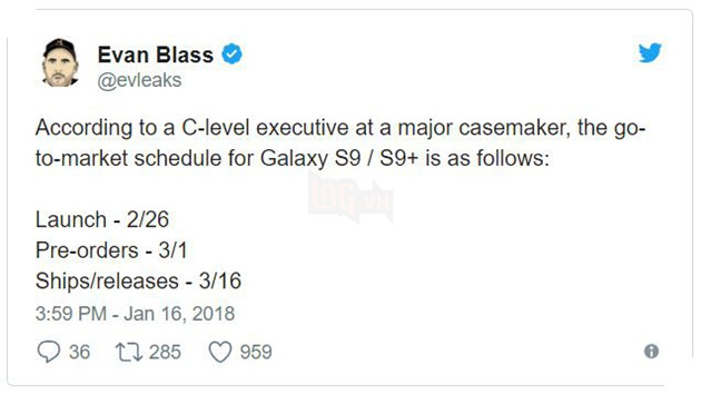 Samsung Galaxy S9/S9+ sẽ được trình làng vào ngày 26/2, lên kệ từ ngày 16/3 - Ảnh 1.