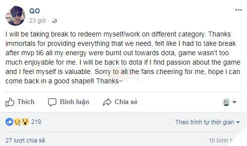 QO tuyên bố nghỉ thi đấu DOTA 2 trong thời gian tới