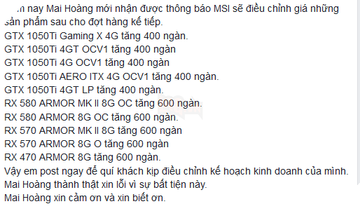 VGA lại tiếp tục tăng giá, GTX 1050Ti đã sắp sửa đắt bằng 1060 cũ