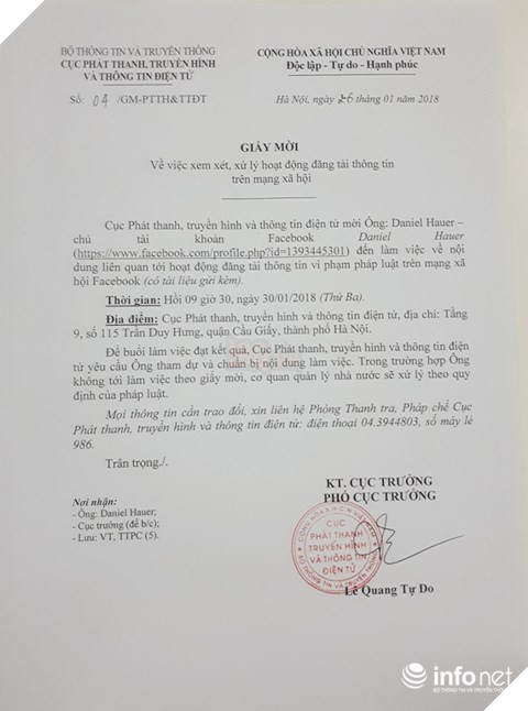 Đơn vị chức năng Bộ TTTT đã gửi giấy mời Daniel Hauer đến làm việc