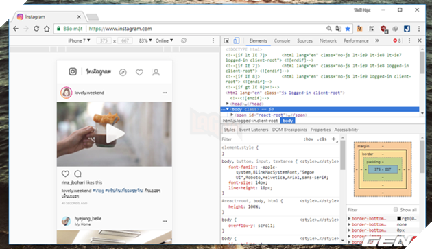 
Bước 2: Hoàn tất đăng nhập và truy cập vào giao diện News Feed của Instagram, bạn hãy nhấn phím F12 trên bàn phím hoặc nhấn phải chuột và chọn lệnh “Inspect” đối với Google Chrome hay nhấn phím Q trên bàn phím hoặc nhấn phải chuột và chọn lệnh “Inspect Element (Q)” đối với Firefox để mở bảng Developer tools của trình duyệt.
