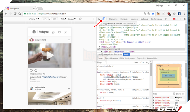 
Bước 3: hãy nhấp vào biểu tượng “Toggle device toolbar” trong phần cửa sổ Developer tools để chuyển giao diện cửa sổ Instagram sang giao diện Mobile.
