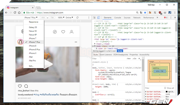 
Bước 4: Nhấp vào menu tùy chọn “Responsive” và nhấp vào lựa chọn thiết bị để điều chỉnh lại kích cỡ giao diện Mobile của Instagram. Ở đây tốt nhất bạn nên chọn “iPhone 7”.
