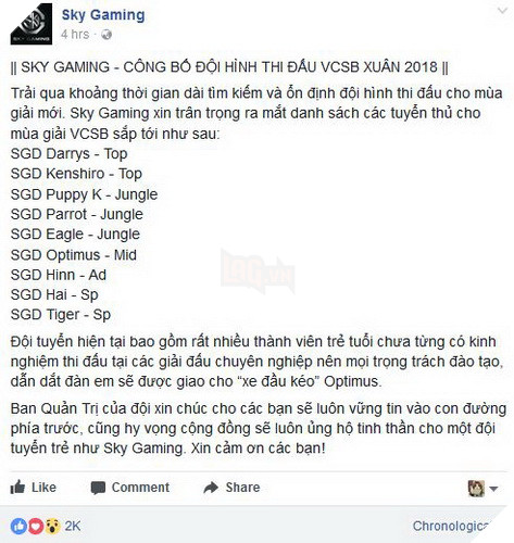 LMHT: Optimus xuất hiện trong đội hình chính thức của Sky Gaming Daklak cho VSCB Xuân 2018 2