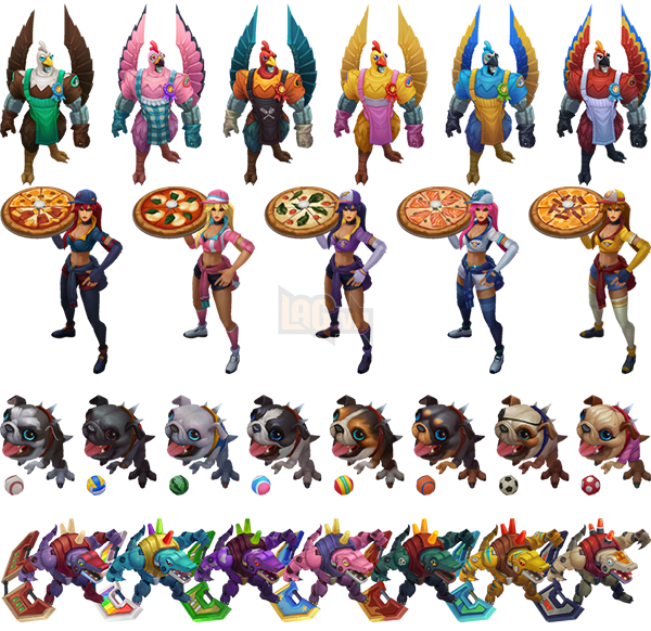 
Đa Sắc của Gà-lio, Sivir Pizza, Kog’Maw Cún Con, Renekton Đồ Chơi
