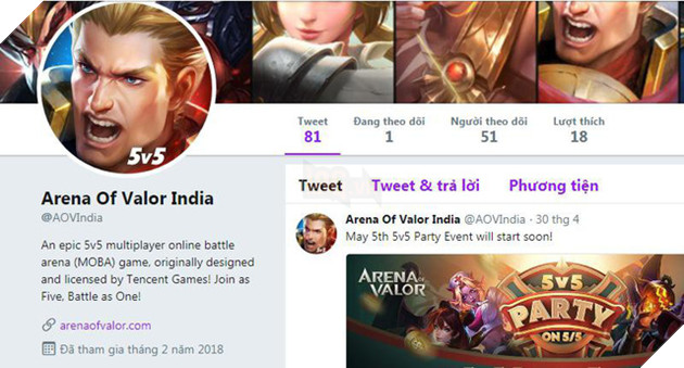 
Tài khoản mạng xã hội Twitter chính thức của Arena of Valor Ấn Độ.
