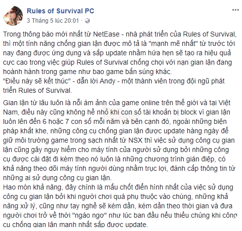 Rules of Survival: Mặc cho tin đồn Ban IP, Fanpage RoS VN trấn an cộng đồng bằng thông báo tính năng chống Hack tối tân nhất từ NetEase