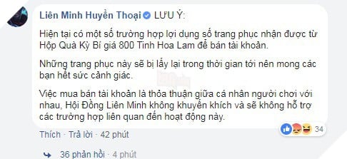 Cảnh báo về việc các người chơi trục lợi để bán tài khoản