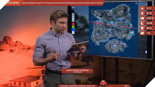 
Hay sáng tạo hơn khi trong giải đấu GLL thì phần phân tích map đã được làm nội dung chẳng khác gì một chương trình dự báo thời tiết
