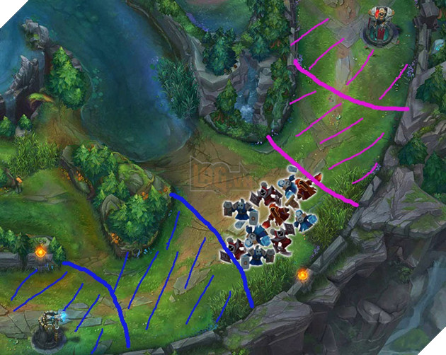 
Giữ lính và đứng ở trong vùng an toàn (vùng gạch chéo ở mỗi bên), bạn có thể thoải mái trao đổi chiêu thức.
