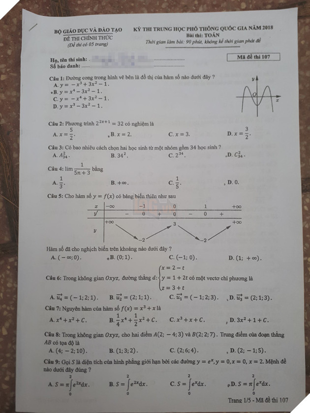 Đáp án đầy đủ 24 mã đề môn Toán kỳ thi THPT Quốc gia 2018 6