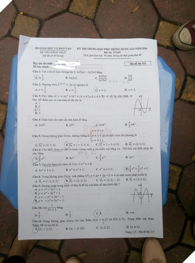 Đáp án đầy đủ 24 mã đề môn Toán kỳ thi THPT Quốc gia 2018 11