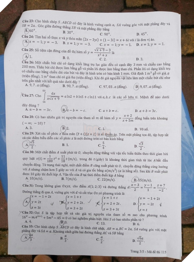 Đáp án đầy đủ 24 mã đề môn Toán kỳ thi THPT Quốc gia 2018 14
