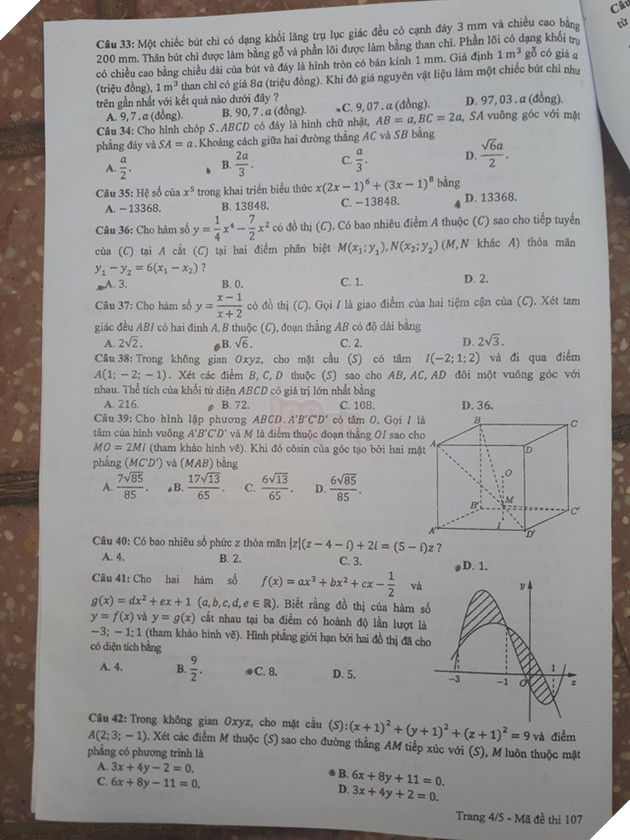 Đáp án đầy đủ 24 mã đề môn Toán kỳ thi THPT Quốc gia 2018 9